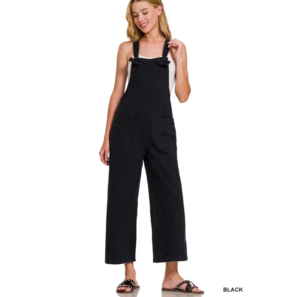 Zenana Womens Small Black Washed Denim Knot Strap Jumpsuit Overalls Wide Leg NEW